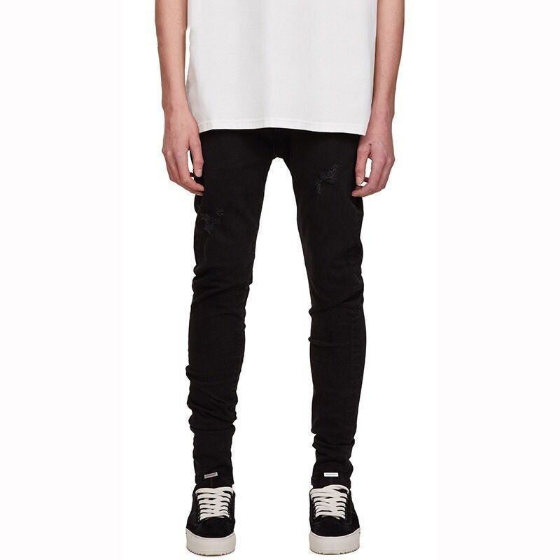 Pure Black Stretch Jeans With Holes For Men Pure Black Stretch Jeans With Holes For Men