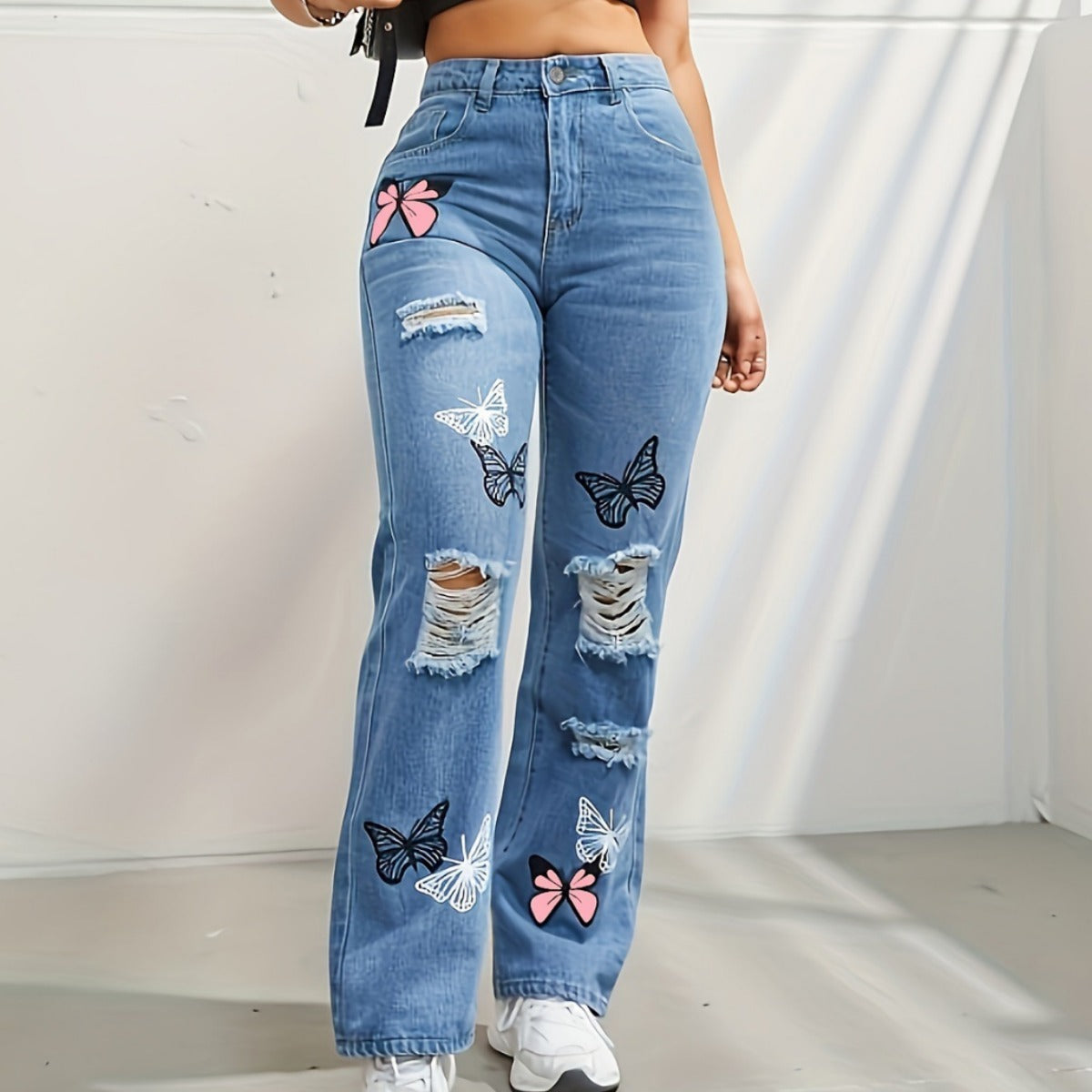 High Waisted Straight Leg Jeans For Women Trendy Butterfly Print Ripped Distressed Denim Pants High Waisted Straight Leg Jeans For Women Trendy Butterfly Print Ripped Distressed Denim Pants