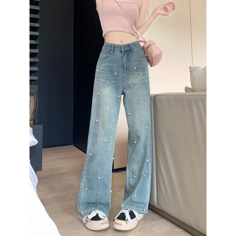 Pearl Straight Jeans High Waist Slim-fit Wide-leg Pants Women Pearl Straight Jeans High Waist Slim-fit Wide-leg Pants Women