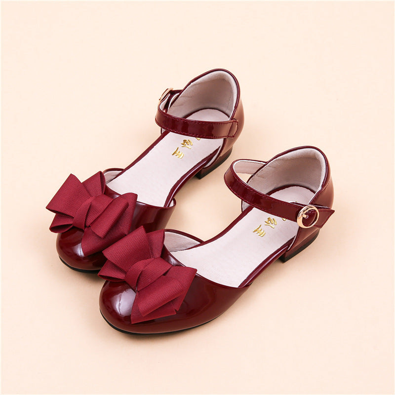 Big Kids' Hollow Velcro Patent Leather Shoes With Bow Big Kids' Hollow Velcro Patent Leather Shoes With Bow