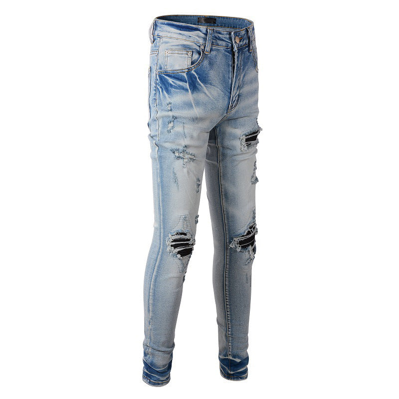 High Street Fashion Brand Light Blue Hole & Patch Stretch Slim Fit Skinny Jeans For Men High Street Fashion Brand Light Blue Hole & Patch Stretch Slim Fit Skinny Jeans For Men