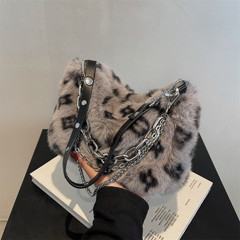 Winter Plush Bags Chain Shoulder Bag Women Flowers Print Handbags Winter Plush Bags Chain Shoulder Bag Women Flowers Print Handbags
