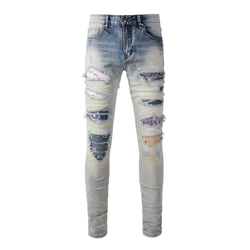 Men's Broken Holes Pants High Street Fashion Brand Patch Beggar Knee-exposed Jeans Men's Broken Holes Pants High Street Fashion Brand Patch Beggar Knee-exposed Jeans