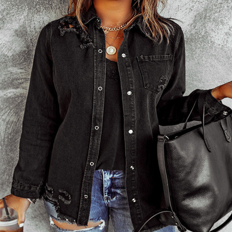 Black Ripped Shirt Denim Long Sleeve Coat Jacket Women Black Ripped Shirt Denim Long Sleeve Coat Jacket Women