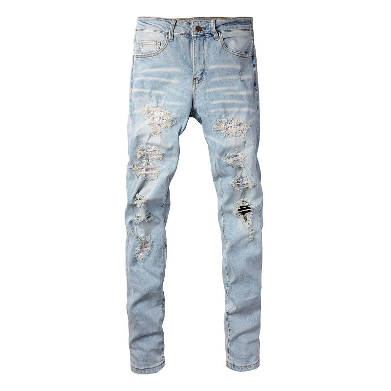 Light Colored Hot Diamond Patch With Holes In Elastic Tight Jeans For Men Light Colored Hot Diamond Patch With Holes In Elastic Tight Jeans For Men
