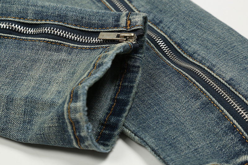Distressed Slim-fit Jeans With Zipper Straight Pants Distressed Slim-fit Jeans With Zipper Straight Pants