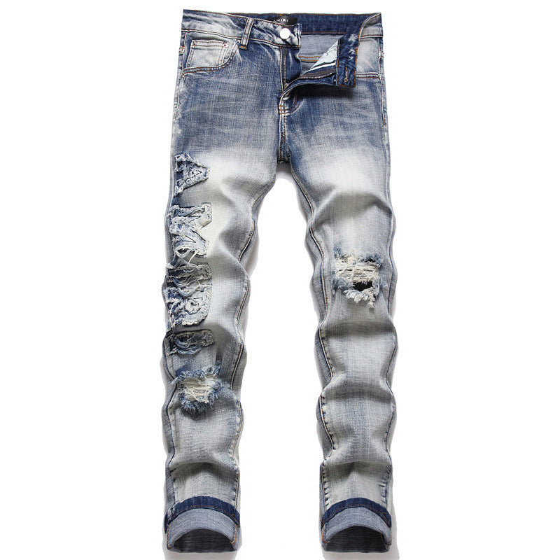 Men's Hole Patch Blue Small Feet Jeans Men's Hole Patch Blue Small Feet Jeans