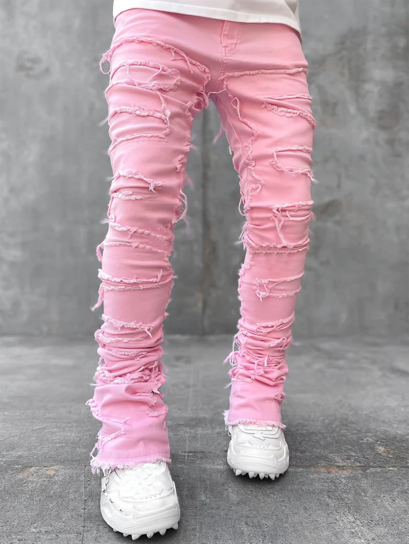 Men Trousers Individual Patched Pants Long Tight Fit Stacked Jeans For Mens Clothing Men Trousers Individual Patched Pants Long Tight Fit Stacked Jeans For Mens Clothing