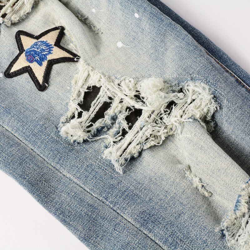 Medal Printed Badge Ripped Jeans Men Medal Printed Badge Ripped Jeans Men