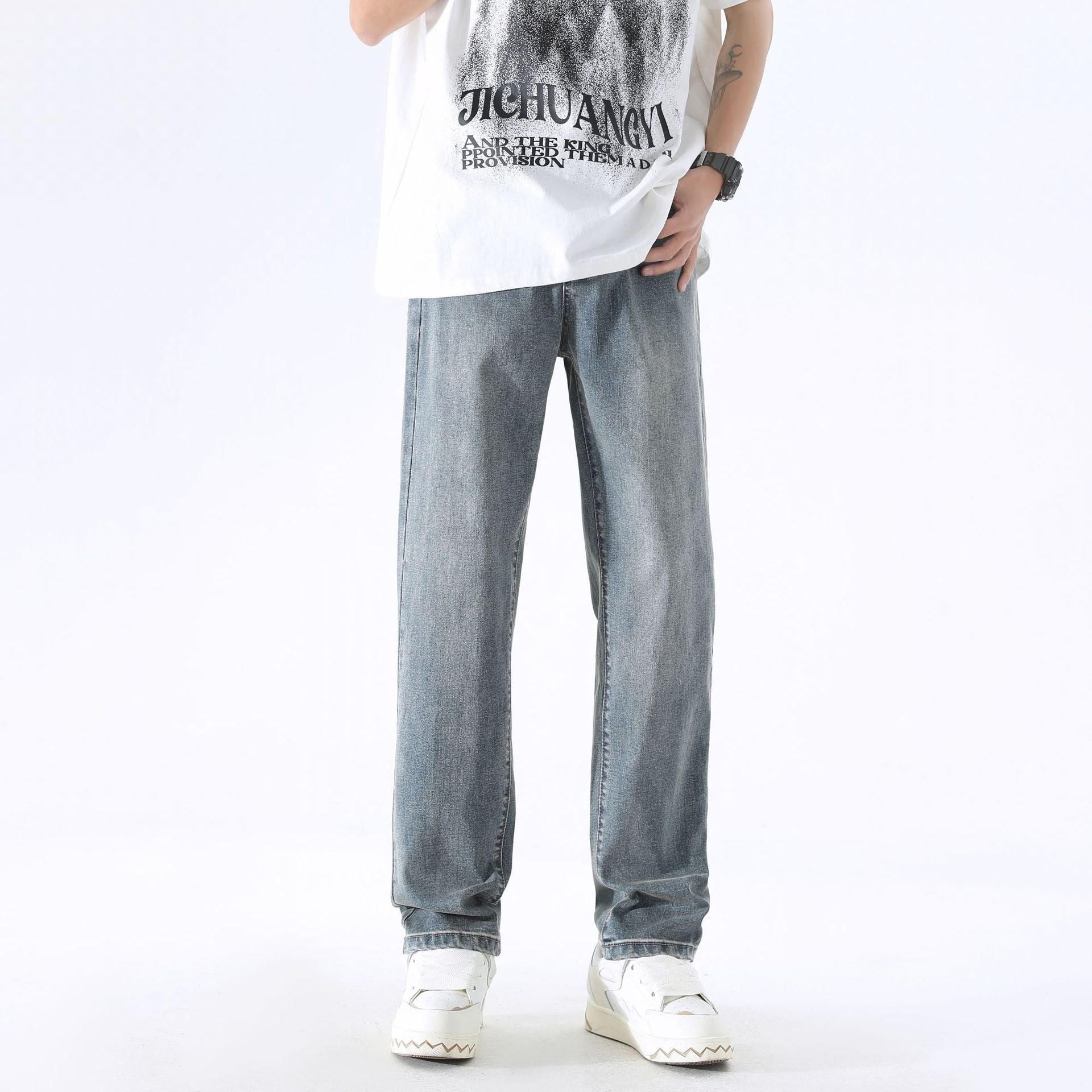 Distressed Yellow Mud Dyed Stretch Jeans For Men Distressed Yellow Mud Dyed Stretch Jeans For Men
