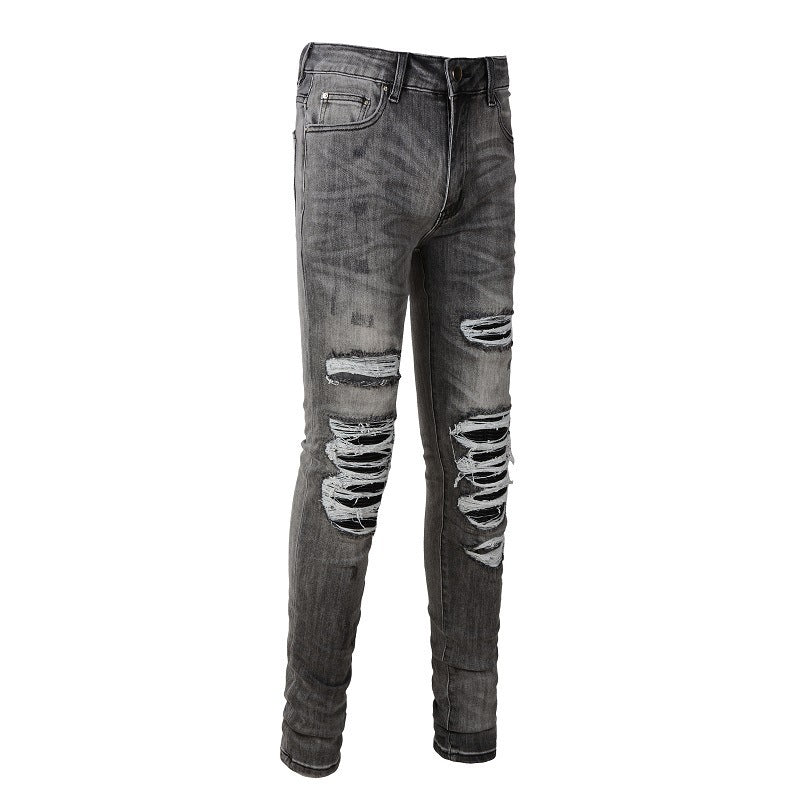 Non-mainstream Personality Patch Jeans Men's Cover Damage Gray Casual Pants Non-mainstream Personality Patch Jeans Men's Cover Damage Gray Casual Pants