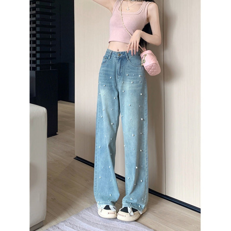 Pearl Straight Jeans High Waist Slim-fit Wide-leg Pants Women Pearl Straight Jeans High Waist Slim-fit Wide-leg Pants Women