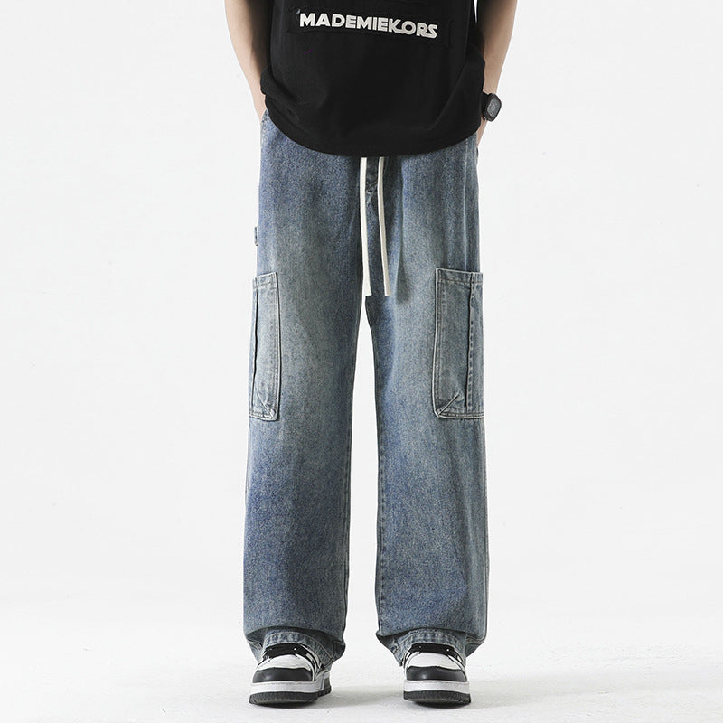 Retro Washed Big Workwear With Pocket Jeans For Men Retro Washed Big Workwear With Pocket Jeans For Men