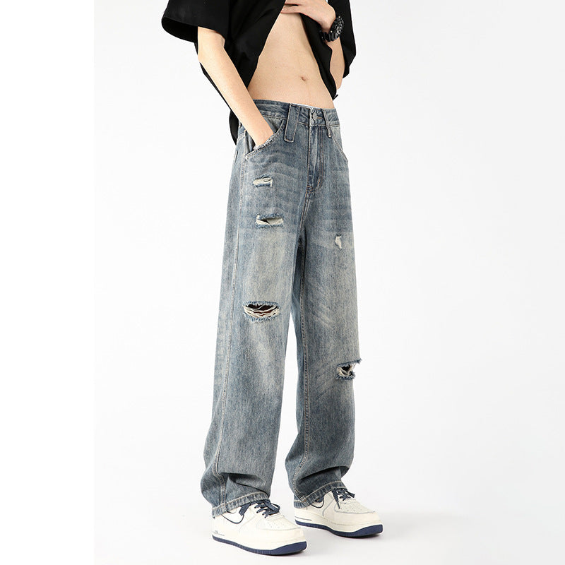 Men's American-style Vintage Ice Silk Ripped Jeans Men's American-style Vintage Ice Silk Ripped Jeans