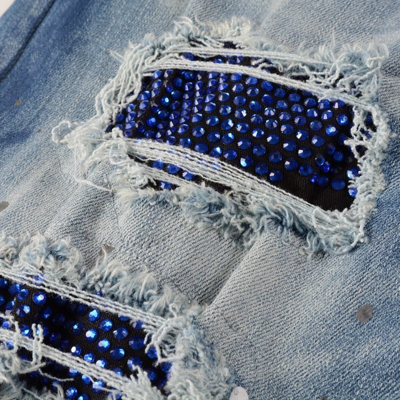 Hot Diamond Speckle Paint Elastic Slim Fit Light Jeans For Men Hot Diamond Speckle Paint Elastic Slim Fit Light Jeans For Men