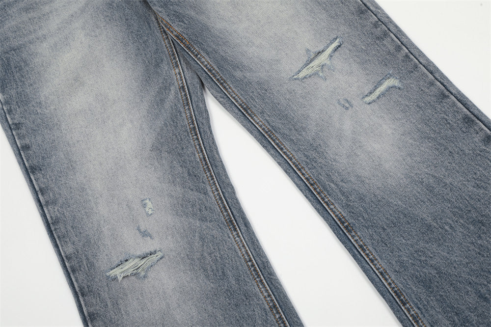 Washing Hole Denim Bootcut Trousers Trendy Punk Washing Hole Denim Bootcut Trousers Trendy Punk
