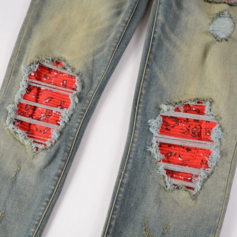 Red Printed Pleated Elastic Light Colored Jeans For Men Red Printed Pleated Elastic Light Colored Jeans For Men