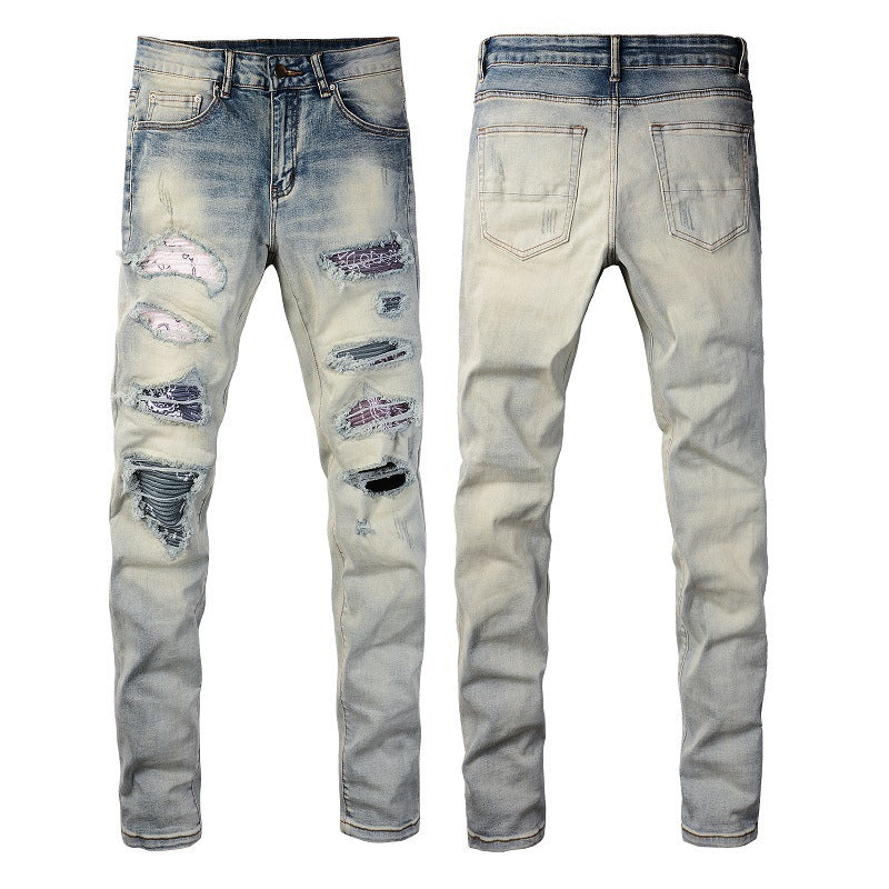 Men's Broken Holes Pants High Street Fashion Brand Patch Beggar Knee-exposed Jeans Men's Broken Holes Pants High Street Fashion Brand Patch Beggar Knee-exposed Jeans