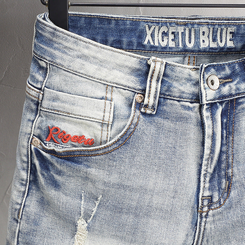 Washed Distressed Pocket Embroidery Personality Worn Slim Trousers Washed Distressed Pocket Embroidery Personality Worn Slim Trousers