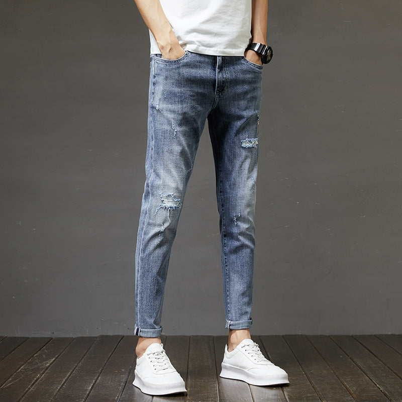 Men's Ripped Denim Slim-fitting Ankle Length Trousers Pants Men's Ripped Denim Slim-fitting Ankle Length Trousers Pants