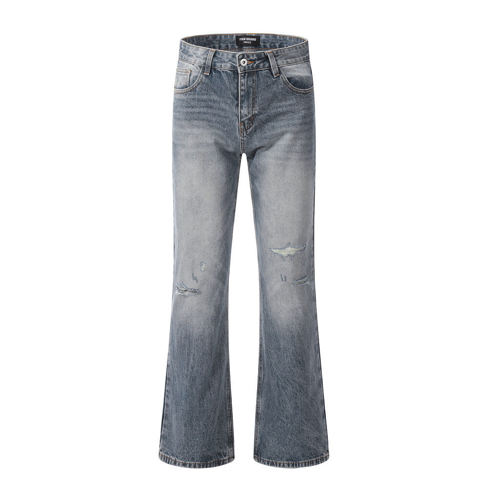 Washing Hole Denim Bootcut Trousers Trendy Punk Washing Hole Denim Bootcut Trousers Trendy Punk