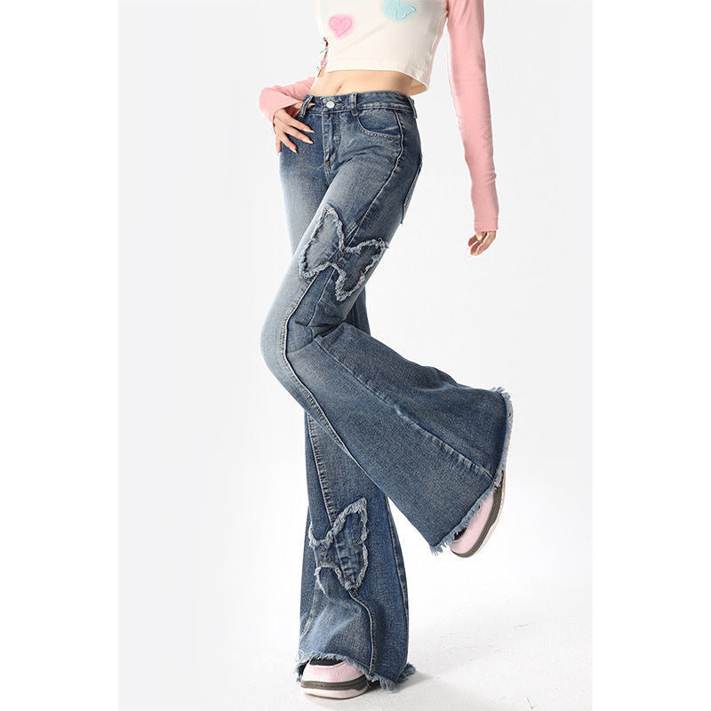 American Retro Butterfly Embroidery Slightly Flared Jeans Women American Retro Butterfly Embroidery Slightly Flared Jeans Women