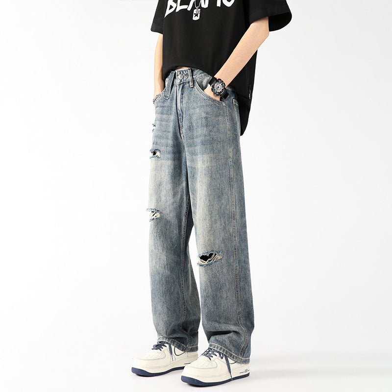 Men's American-style Vintage Ice Silk Ripped Jeans Men's American-style Vintage Ice Silk Ripped Jeans