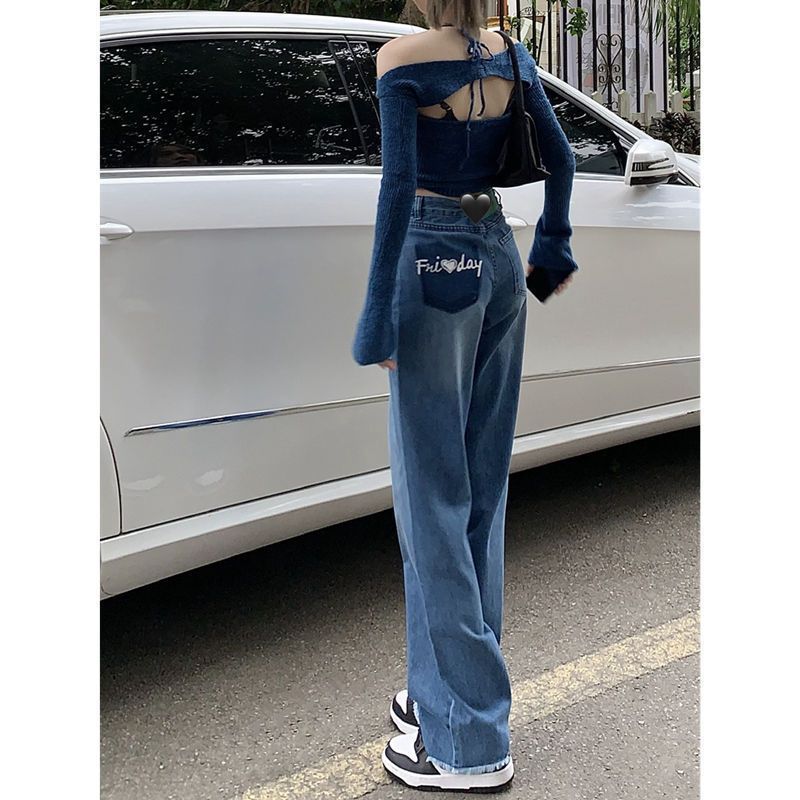 Pearl Straight Jeans High Waist Slim-fit Wide-leg Pants Women Pearl Straight Jeans High Waist Slim-fit Wide-leg Pants Women