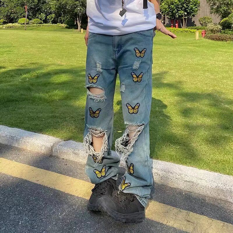 Butterfly Embroidered Torn Jeans For Men Butterfly Embroidered Torn Jeans For Men