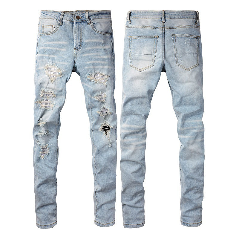 Men's Ripped Denim Casual Trousers Slightly Elastic Men's Ripped Denim Casual Trousers Slightly Elastic
