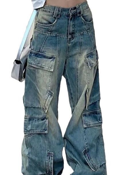 American Plus Size Worn Looking Washed-out Cargo Jeans Women American Plus Size Worn Looking Washed-out Cargo Jeans Women