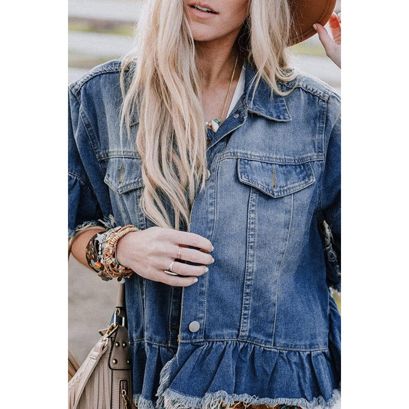 Ruffled Short Sleeves Tops For Women Loose Denim Jacket Ruffled Short Sleeves Tops For Women Loose Denim Jacket