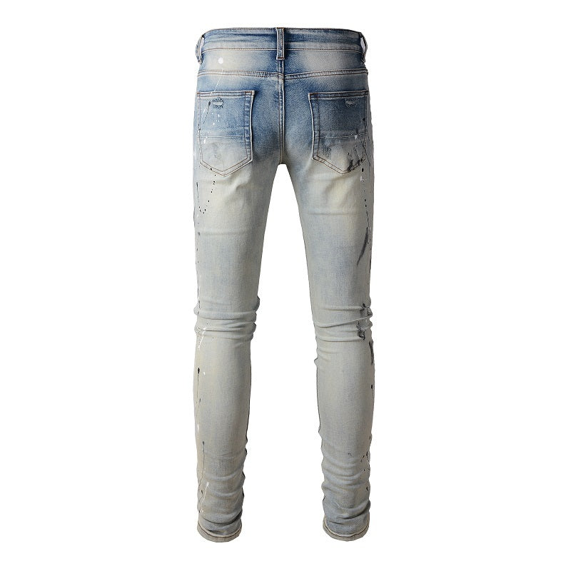 Light Colored Paint Splashing Ink Making Old Washed Jeans For Men Light Colored Paint Splashing Ink Making Old Washed Jeans For Men