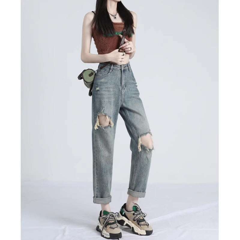 Ripped Daddy Jeans For Women Spring And Autumn 2024 New High Waist Loose Small Ripped Daddy Jeans For Women Spring And Autumn 2024 New High Waist Loose Small