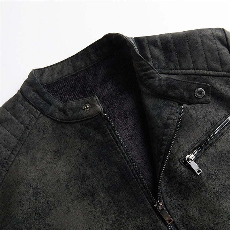 Men's Fleece-lined Slim Fit Handsome Motorcycle Clothing Stand Collar Leather Jacket Men's Fleece-lined Slim Fit Handsome Motorcycle Clothing Stand Collar Leather Jacket