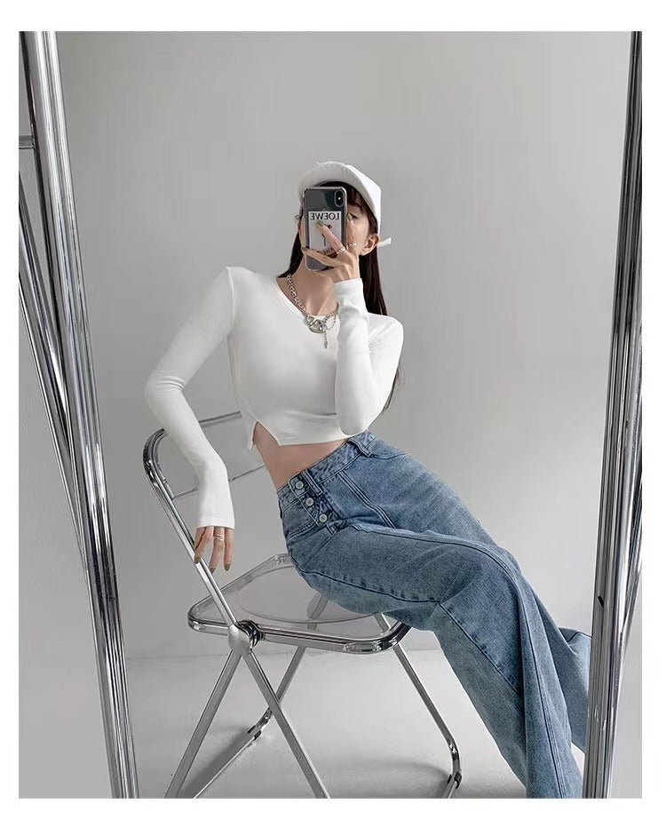Irregular Breasted High Waist Jeans For Women Straight-leg Trousers Irregular Breasted High Waist Jeans For Women Straight-leg Trousers