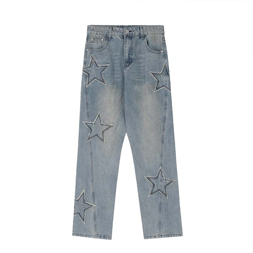 Street Trend Patch Pentagram Cat Whisker Embroidered Jeans Men Street Trend Patch Pentagram Cat Whisker Embroidered Jeans Men