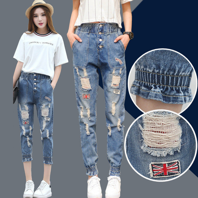 Fashionable Simple Loose Drawstring High Waist Jeans For Women Fashionable Simple Loose Drawstring High Waist Jeans For Women