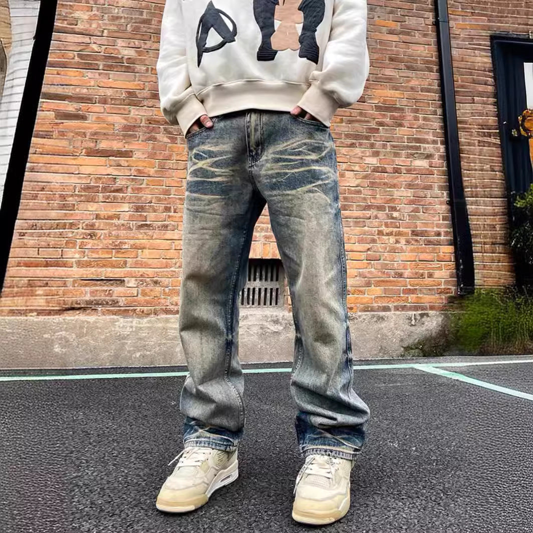 American-style Loose Straight Leisure Washed-out Do The Old Cowboy Trousers For Men American-style Loose Straight Leisure Washed-out Do The Old Cowboy Trousers For Men