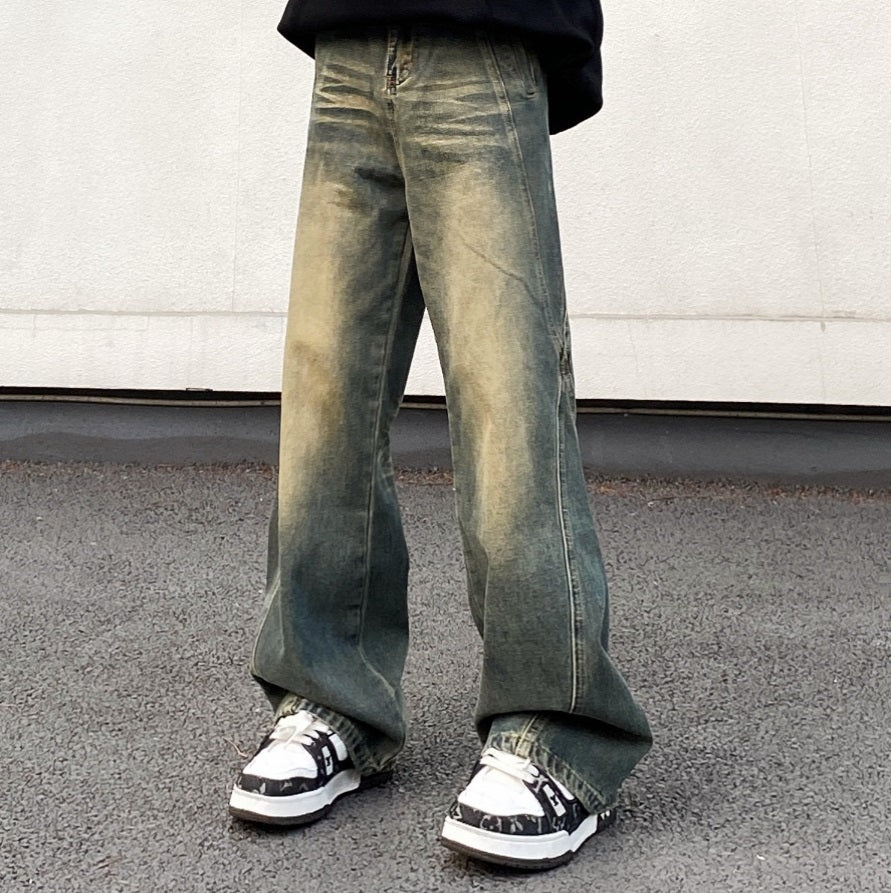High Street American Retro Washed Distressed Yellow Mud Jeans Men High Street American Retro Washed Distressed Yellow Mud Jeans Men