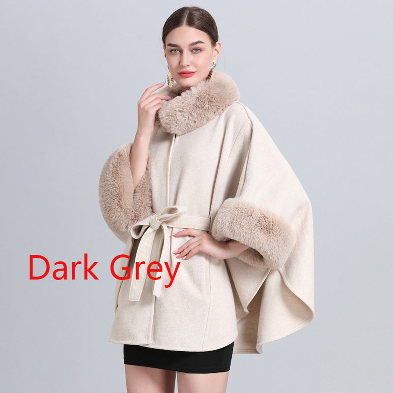 Rabbit Fur Collar Knitted Shawl Cape Lace-up Woolen Coat Rabbit Fur Collar Knitted Shawl Cape Lace-up Woolen Coat