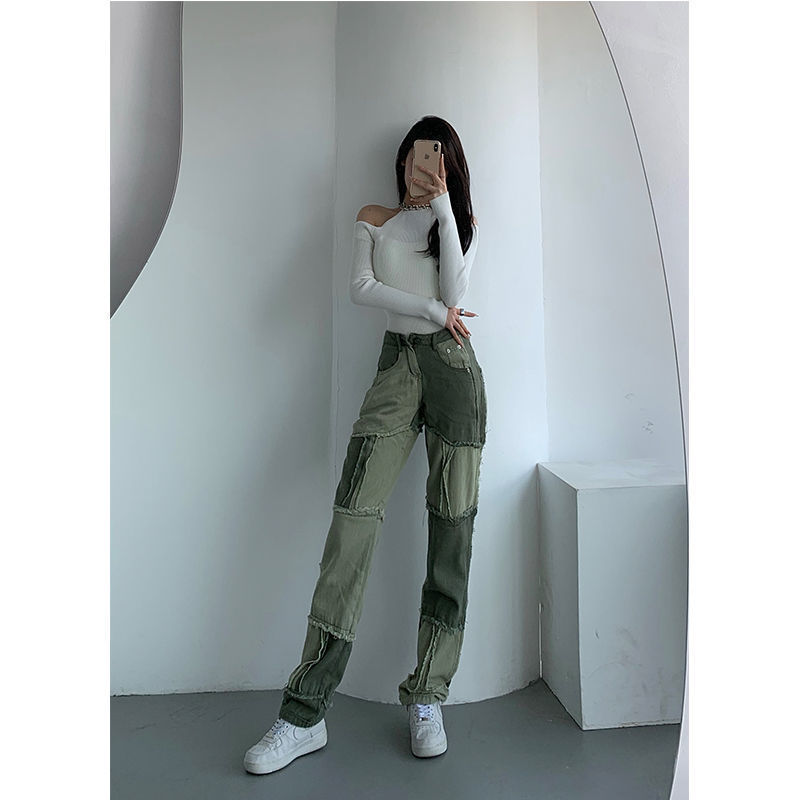 Stitching Contrast Color High Waist Straight Jeans Trendy Women Stitching Contrast Color High Waist Straight Jeans Trendy Women