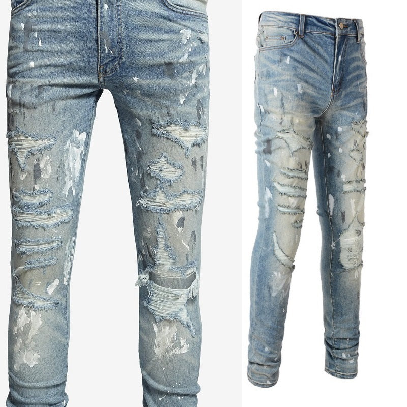 Torn Graffiti Old Wash Stretchy Slim Jeans Men Torn Graffiti Old Wash Stretchy Slim Jeans Men
