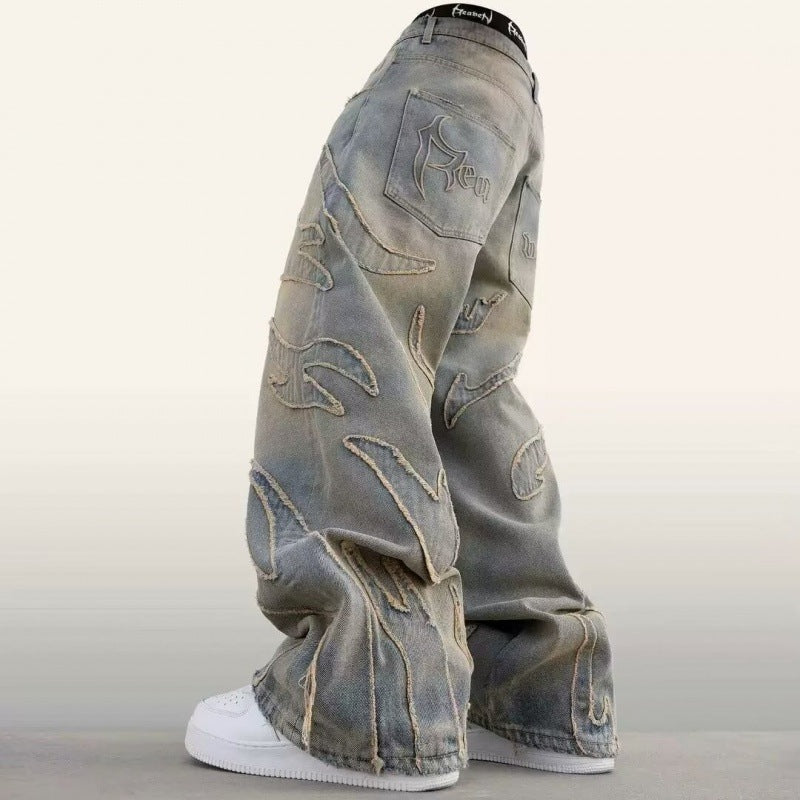 Loose Straight-leg Wide-leg Pants Mud Dyed Ripped Jeans For Men Loose Straight-leg Wide-leg Pants Mud Dyed Ripped Jeans For Men