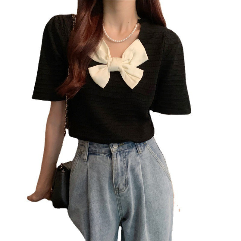 Sweet Turtleneck Round Neck Pearl Accessories Short Sleeve Sweater Bowknot Top Women Sweet Turtleneck Round Neck Pearl Accessories Short Sleeve Sweater Bowknot Top Women