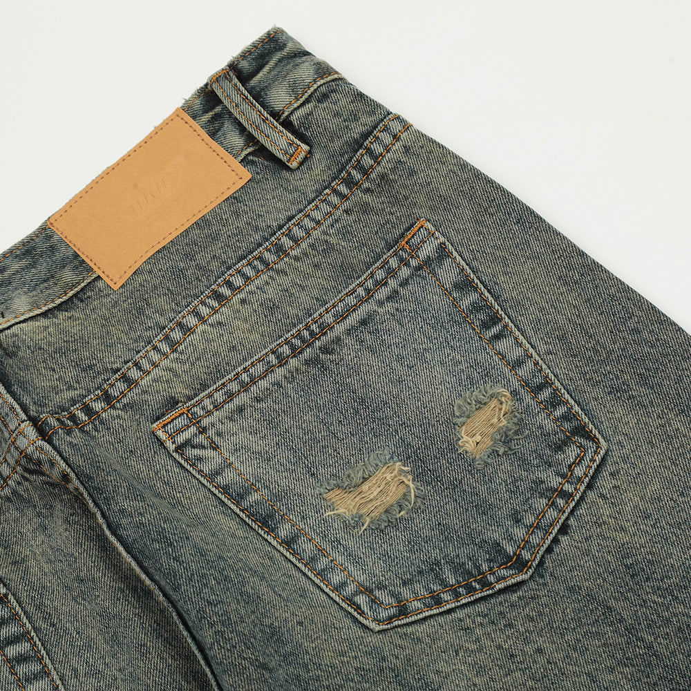 American Retro Tattered Jeans Denim Trousers Men American Retro Tattered Jeans Denim Trousers Men