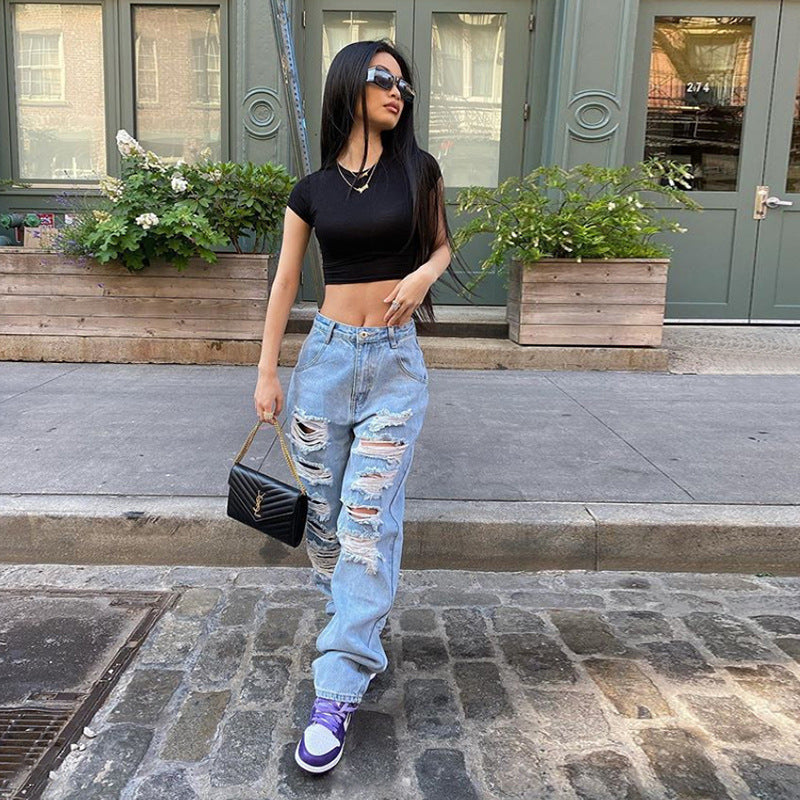 European and American Street Ripped Jeans Women Light Color High Waist European and American Street Ripped Jeans Women Light Color High Waist