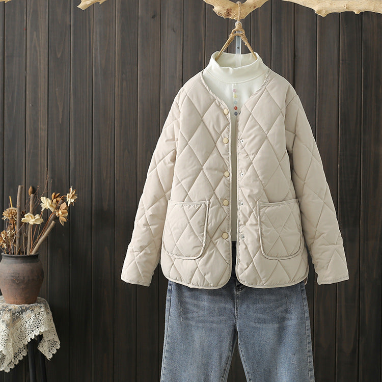 Winter Rhombus Sewing Coat With Pockets Warm Round-neck Button Jacket Lightweight Outerwear For Women's Clothing Winter Rhombus Sewing Coat With Pockets Warm Round-neck Button Jacket Lightweight Outerwear For Women's Clothing