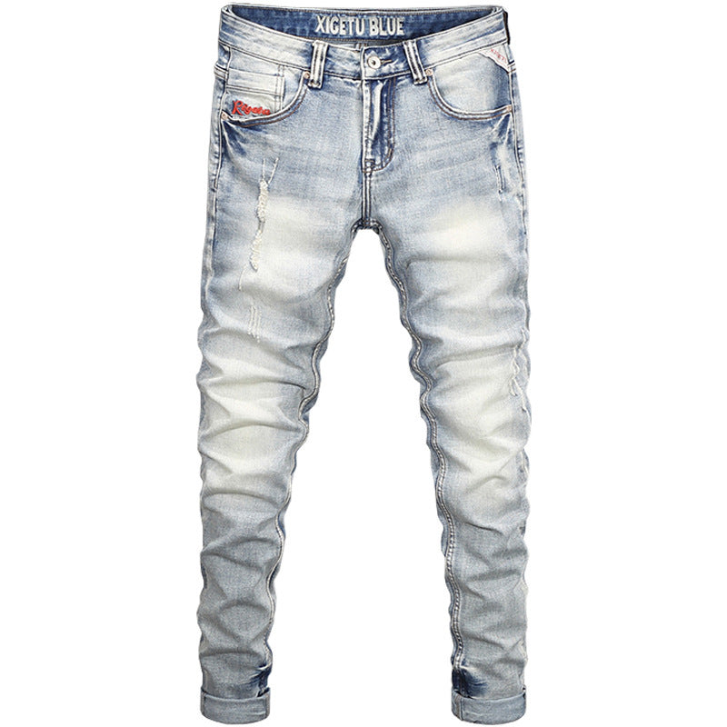 Washed Distressed Pocket Embroidery Personality Worn Slim Trousers Washed Distressed Pocket Embroidery Personality Worn Slim Trousers