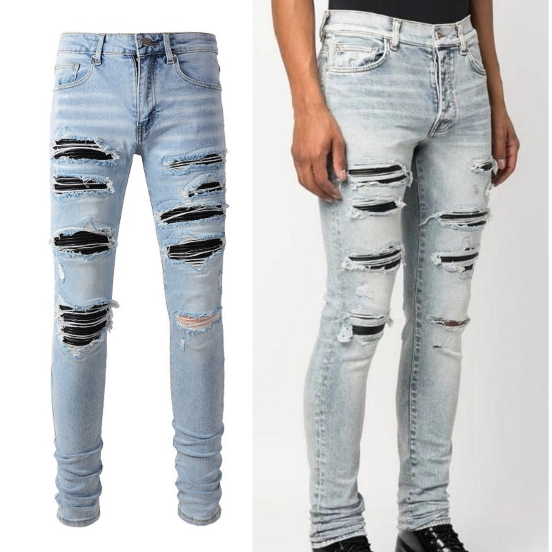 Leather Patched Holes, Elastic Slim Fitting Jeans For Men Leather Patched Holes, Elastic Slim Fitting Jeans For Men